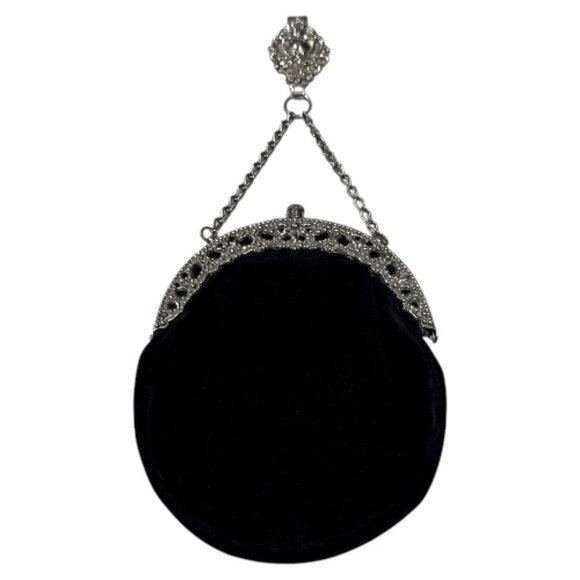 Handbags - Vintage Victorian Style Silver Tone Mounted Black Velvet Bag with Belt Clip